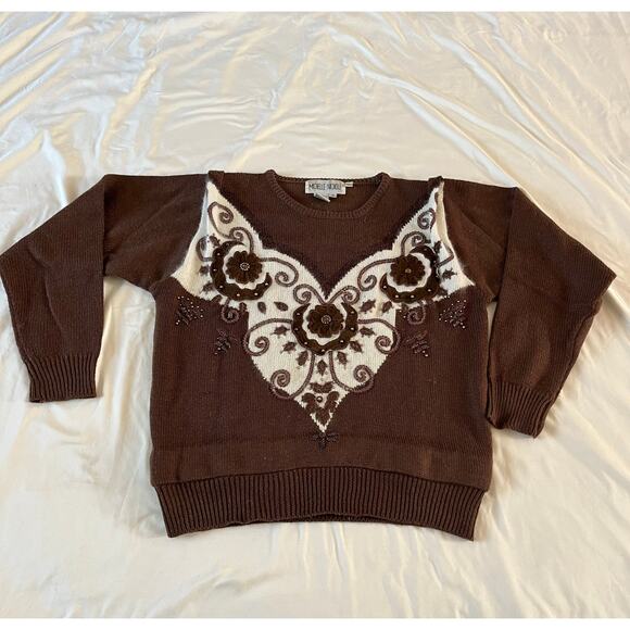 Vtg 90s Brown Beaded Knit Pullover Sweater Wmns M Cottagecore Grannycore - Picture 1 of 7